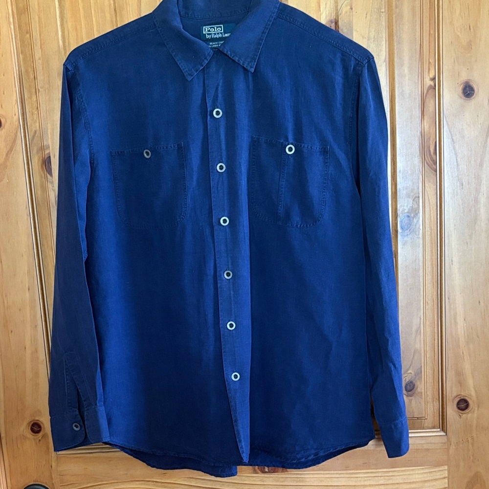 Polo by RL Beach Camp 60%Linen 40% Silk Navy Blue Button-Up Shirt